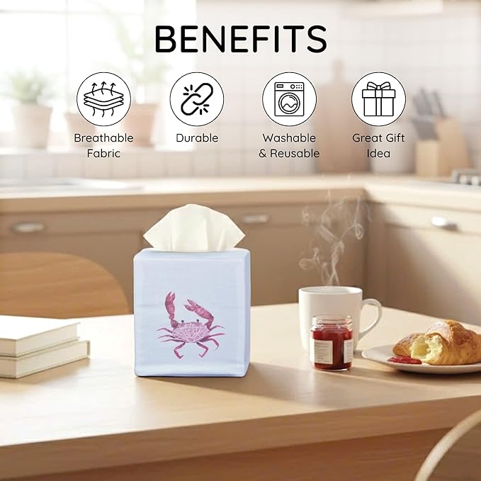EmbroideryLinen.VN Tissue Box Cover Set of 2, Square Linen Tissue Holder, Printed Animal Pattern, 4.5x4.5x5.5 Inches, Decorative Holder for Bathroom, Living Room, Office (Lobster & Crab)