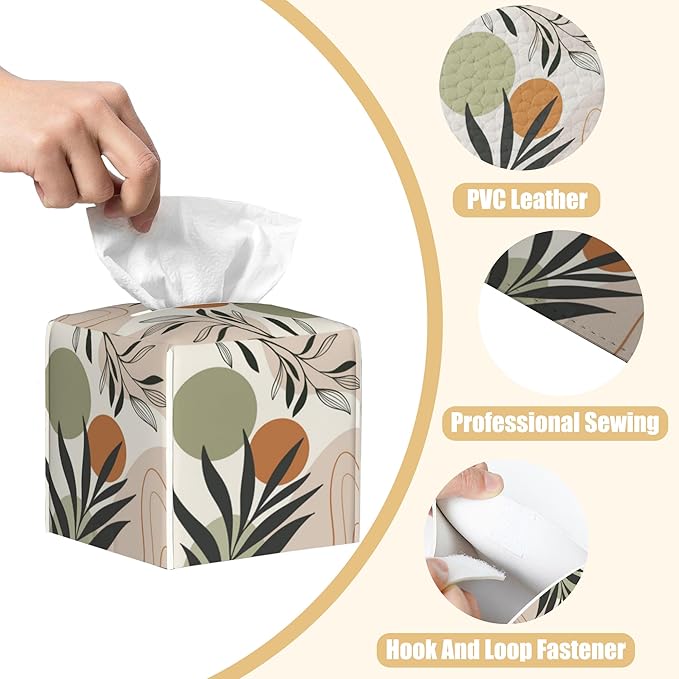 BLYKVGHQ Boho Geometric Art Square Tissue Box Cover Abstract Leaves Tissue Box Holder Facial Cube Paper Dispenser Leather Decorative Organizer Home Office Desk Decor, 5.2"x5.2"x5.2"