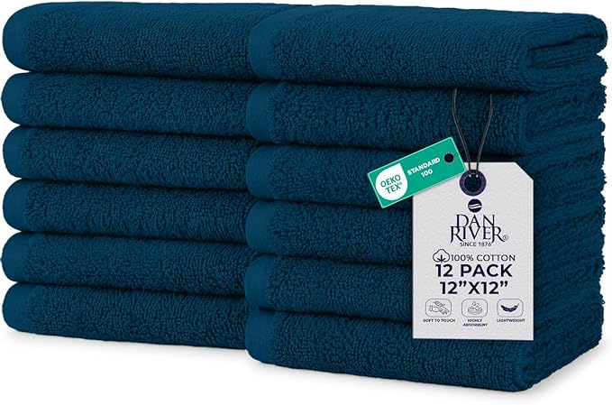 DAN RIVER 12 Pack Wash Cloths for Showering [12x12] - 100% Cotton Washcloths Premium Quality Flannel Face Cloths for Bathroom, Highly Absorbent and Soft Feel Wash Clothes, Opal Blue