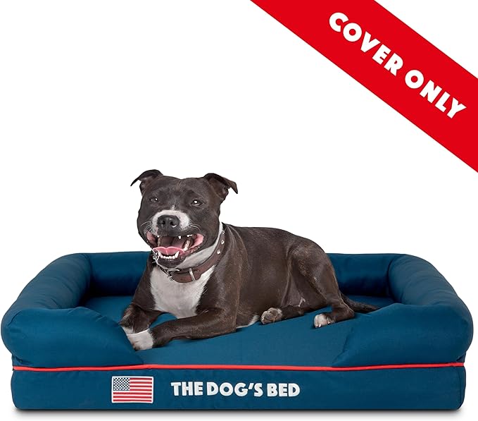 The Dog's Bed Replacement Outer Cover ONLY (Outer Cover ONLY - NO Bed, NO Waterproof Inner) for The Dog's Bed, Washable Oxford Fabric, Small (Blue with Red Piping USA Embroidery Flag)