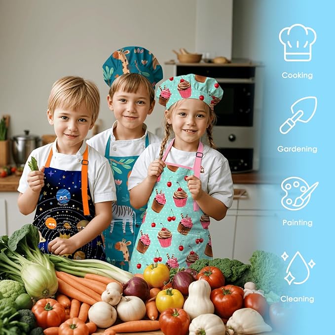 SANDJEST Kids Apron with Chefs Hat Set, Kitchen Apron Gifts