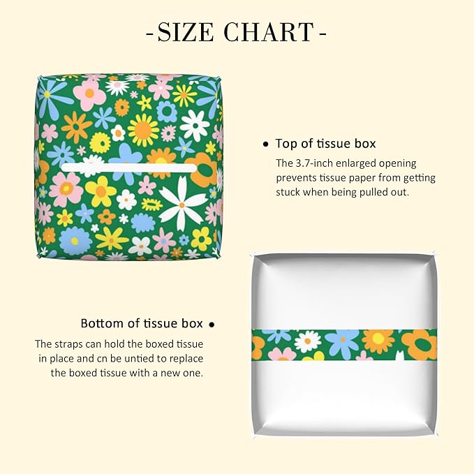 POIUBLE Colorful Hippie Flowers Tissue Box Cover Leather Tissue Box Holder Square Facial Paper Organizer Dispenser for Bathroom Kitchen Bedroom Vanity Countertop Night Stands