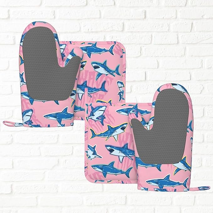 Funny Cartoon Shark Oven Mitts and Pot Holders Set of 4 Silicone Heat Resistant Oven Mitten Potholders Non Slip Gloves Kitchen Decor for BBQ Cooking Grilling Baking