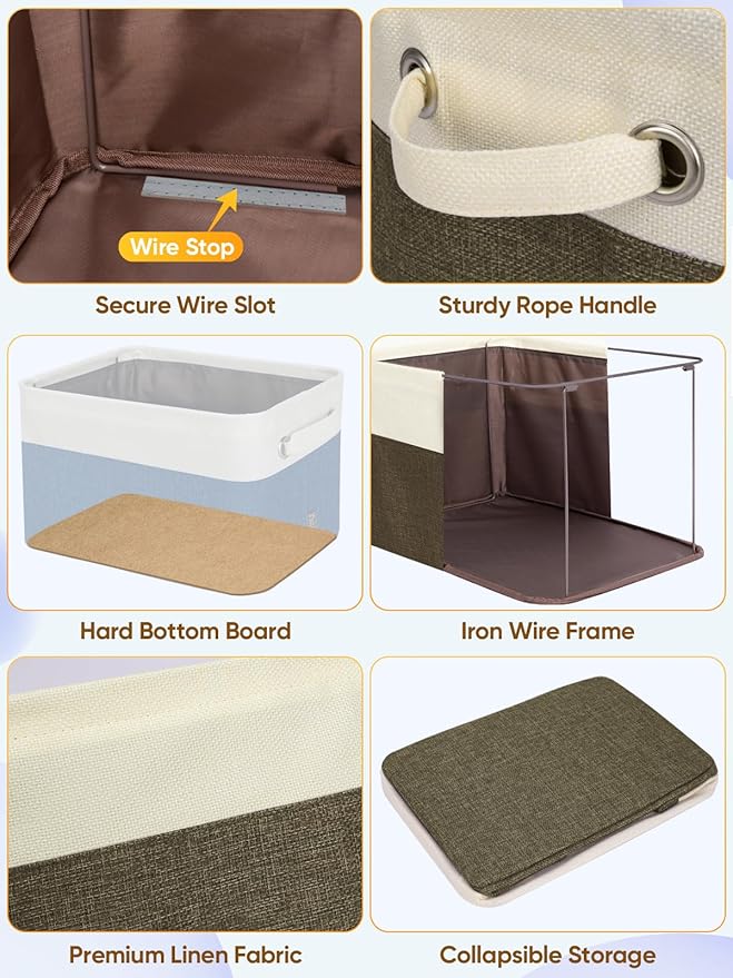 BALEINE 1 Pack Fabric Storage Bins for Shelves, Linen Storage Baskets for Organizing, Decorative Closet Bins for Clothes, Home (Brown, 14''x10''x8.5'')