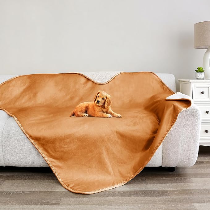 Bigbeer Waterproof Dog Blanket for Couch, Leak Proof Pet Blanket for Indoor Cats, Plush Sherpa Puppy Throw Furniture Protector for Sofa Bed(50"x60",XL,Orange)