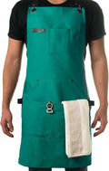 Asaya Chef and BBQ Apron with Bottle Opener and Hand Towel - 10oz Cotton Canvas, Stainless Steel Hardware - Cross Back Straps