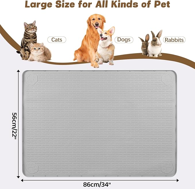 Bartuke Cat Food Mat, 34" x 22" Large Silicone Pet Feeding Mat for Food and Water Bowls Non-Slip, Easy to Clean (Light Grey)