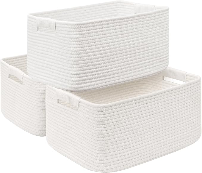 3 Pack Large Storage Basket for Organizing, 17.5"x13.5"x7.5" Woven Basket for Shelves, Closet Cube Storage Bins with Wrapped Handle, Cotton Rope Baskets for Kitchen, Clothes, Toys(Off White)