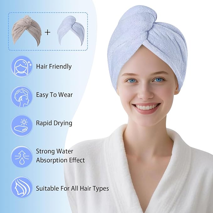 AGKXHDEC 2 Packs Single Layer Microfiber Hair Turbans - Drying Wrap for Women (Blue,Gray)