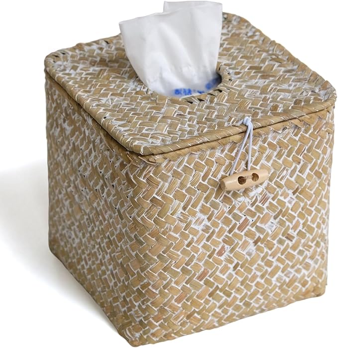 KALEKAIL Seagrass Tissue Box Cover with Lid, Wicker Tissue Box Holder Square, Boho Decorative Woven Tissue Cover Rustic Cube Tissue Holders for Bathroom Living Room Kitchen, Whitewash