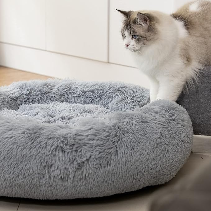 Raimaiso Anti Anxiety Round Fluffy Plush Faux Fur Warm Washable Dog Bed & Cat Bed, Original Bed for Small Medium Large Pets,Used to Relieve Joints and Improve Sleep（20"/24"/27''） (20", Light Grey)