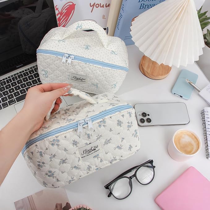 HiTotes Travel Makeup Bag Coquette Floral Cosmetic Bag Quilted Wide Open Lay Flat Toiletry Bag Cute Travel Makeup Pouch