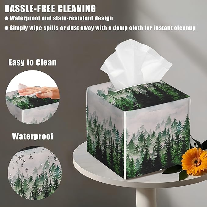 Watercolor Leather Tissue Box Holder Foggy Forest Tissue Box Cover Facial Paper Case Organizer Cube Napkin Dispenser for Bathroom Vanity Countertop Night Stand Office Car