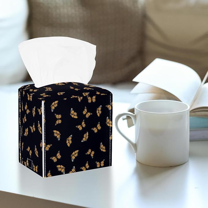2 Pack Butterfly on Black Background Tissue Box Cover Holder - Leather Decorative Organizer for Tabletop, Bathroom, Car, Office