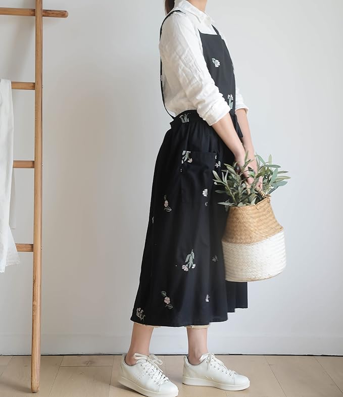 Japanese apron Women-Cross Back Apron for Women with Pockets, Pinafore Aprons, Womens Cotton Linen Apron