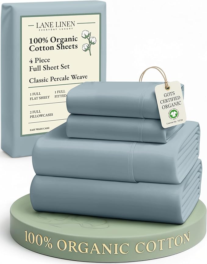 LANE LINEN 100% Organic Cotton Full Sheets Set 4-Piece Pure Percale Soft Bedding Breathable Fits Mattress Upto 15" Deep - French Blue