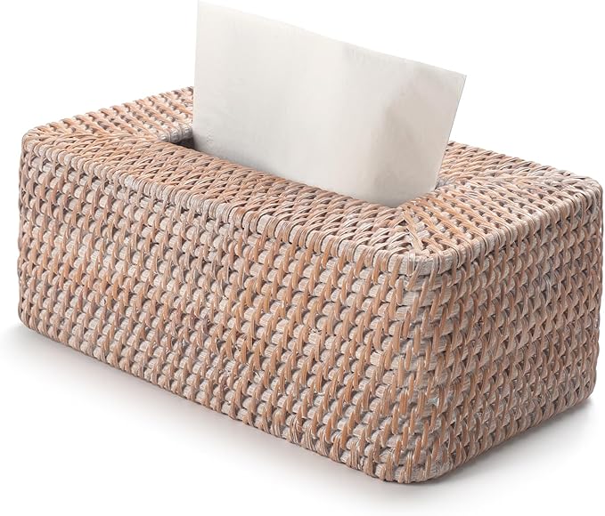 Rattan Tissue Box Cover, Rectangle Wicker Tissue Box Holder, Boho Tissue Box Cover for Living Room, Bathroom, Kitchen, Bedroom, 10.2 x 6.1 x 4.1 inch, Whitewash