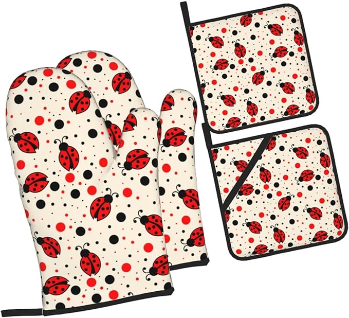 Ladybugs Oven Mitts and Pot Holders 4 Pcs Set Oven Gloves and Potholders for Cooking Microwave BBQ Baking Grilling