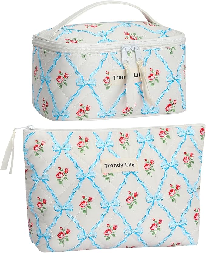 HAOGUAGUA 2 Pieces Makeup Bag, Small Large Quilted Cosmetic Bag, Travel Floral Make Up Toiletry Organizer Bag for Women Girls (2PCS STYLE B-3)