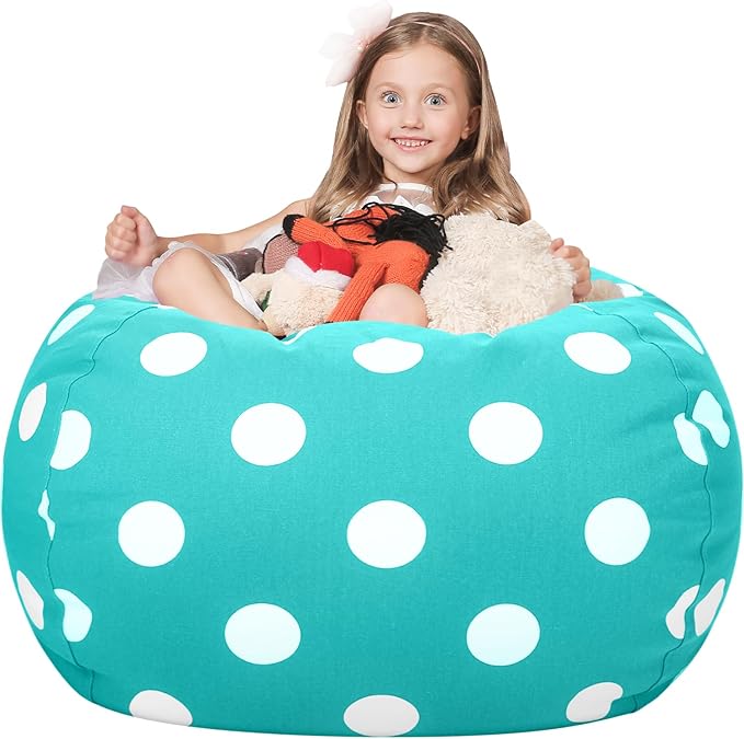 WEKAPO Stuffed Animal Storage Bean Bag Chair Cover for Kids | Stuffable Zipper Beanbag for Organizing Children Plush Toys Large Premium Cotton Canvas (AquaDot, XX-Large)