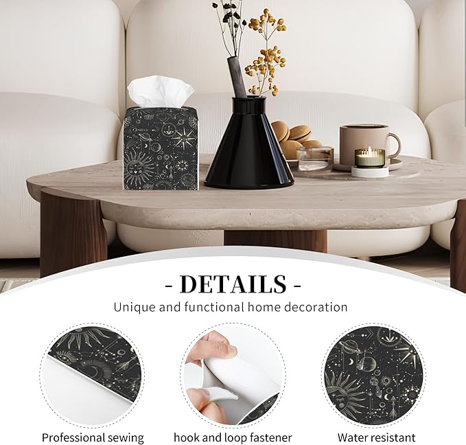 POIUBLE Zodiac Signs Tissue Box Holder Moon Phases Tissue Box Cover Square Leather Tissue Holder Organizer Portable Decorative Facial Paper Case for Home Office Bathroom Vanity Countertop