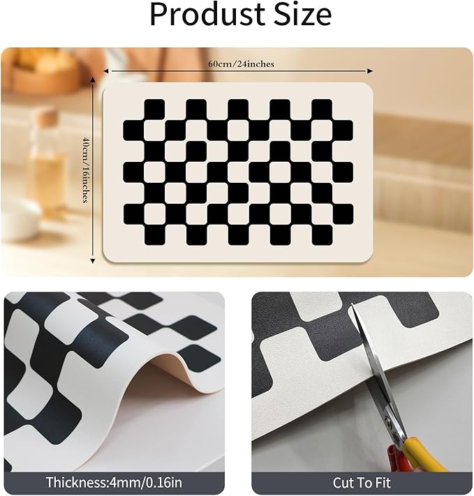 2PCS Checkered Dish Drying Mat 24''x16'' Water Absorbent Coffee Mat Dish Drying Pad for Kitchen Counter Bathroom Pet Feeding Area,Black Checkered