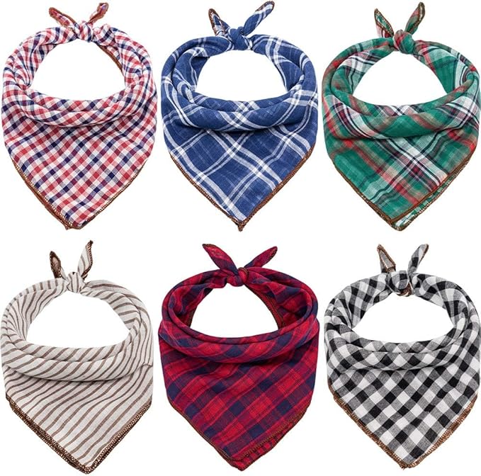 Remifa Dog Bandanas - 6PCS Birthday Gift Washable Green Black Blue Red Square Plaid Printing Christmas Dog Bib Double Reversible Kerchief Scarf Adjustable Accessories for Small to Large Dog Puppy Cat