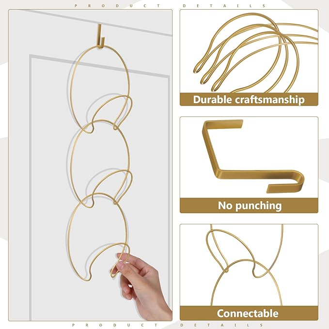 Yerliker 16 Pieces Hat Rack Wig Holder over The Door Baseball Hat Holder Wall Mounted Hanging Wig Organizer for Closet Display Storage Rack with 2 Hooks for Tie Scarf(Gold)