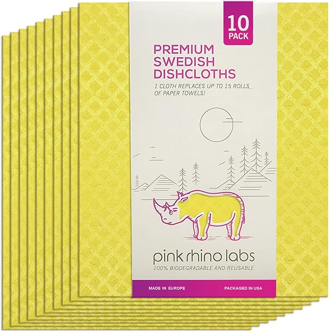 PINK RHINO LABS Swedish Dishcloths – Eco-Friendly Reusable Kitchen Towels – 10 Pack Cleaning Cloths for Dishes, Counters & Surfaces – Super Absorbent, Compostable, Zero-Waste Alternative