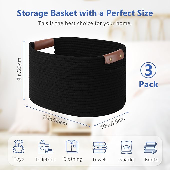 ECDYQXVU Cotton Rope Basket, Storage Baskets with Handle, 15x10x9 Inch Woven Basket for Shelves, Laundry, Towels, Clothes, Books, (Black 3Pack)