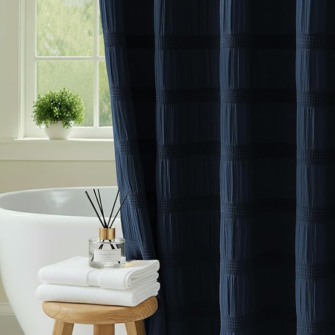 Lameirose Navy Blue Shower Curtain Boho, 72 x 72 Cotton Blend Waffle Tufted Striped Chic Textured Fabric Shower Curtain for Bathroom, Hotel, Washable