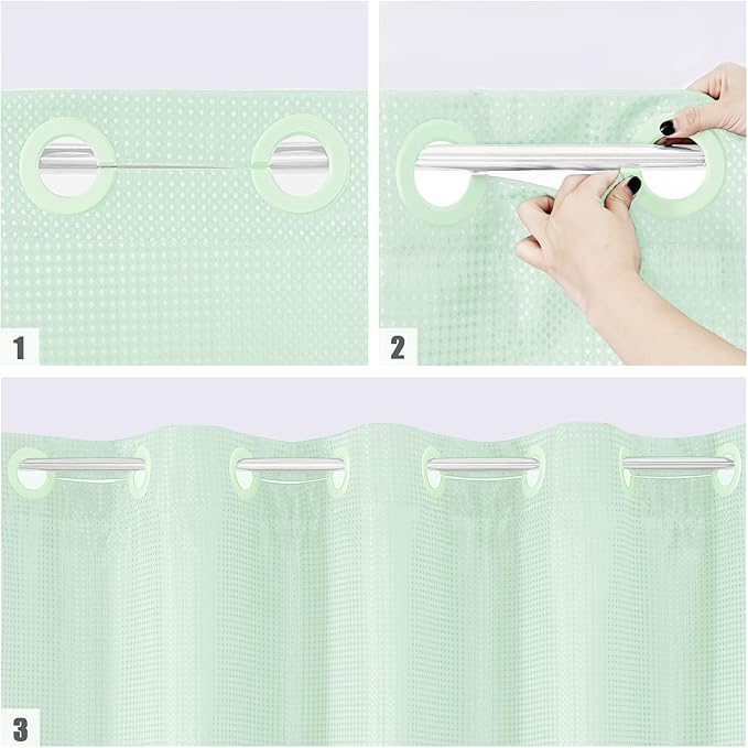 MitoVilla Green Long Shower Curtain Liner Set 72 x 80, No Hooks Needed 80 inch Long Heavyweight Waffle Fabric Shower Curtain Set with Snap-in Liner for Hotel Grade Spa-Like Bathroom Decor, Mint Green