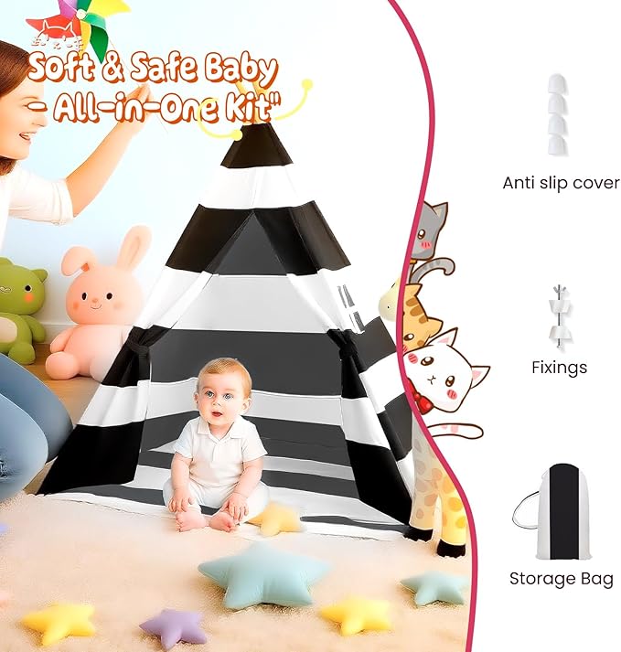 xiaowantong Teepee Tent for Kids with Carry Bag, Washable Playhouse for Indoor Use, Ideal Play Tent for Girls and Boys, Stripe Black