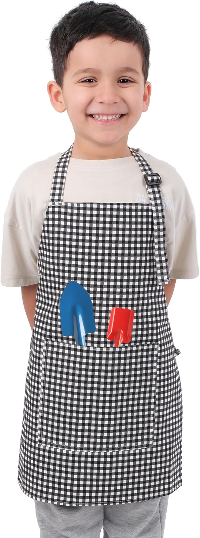 Kids Aprons for Cooking Waterdrop Resistant Aprons for Girl & Boy Toddler Apron for Painting, Gardening, Baking, Smock (Plaid Black, Small (3-5 years))