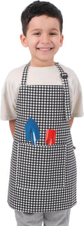 Kids Aprons for Cooking Waterdrop Resistant Aprons for Girl & Boy Toddler Apron for Painting, Gardening, Baking, Smock (Plaid Black, Small (3-5 years))