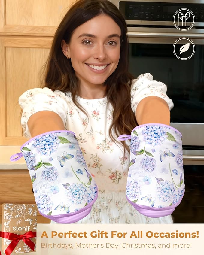 Slohif Butterfly Mini Oven Mitts Set – Purple Flower Extended Short Heat Resistant Kitchen Gloves for Women, 100% Cotton Oven Mitts with Silicone Grips, Non-Slip and Thick Durable for Cooking & Baking