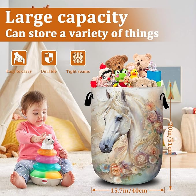 White Horse Flower Laundry Basket with Sturdy Handles, Glitter Floral Collapsible Oxford Cloth Laundry Hamper Organizer Basket for Bathroom Bedroom 15.7x20 Inch