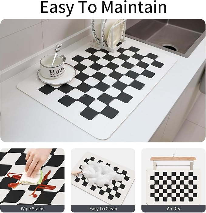 2PCS Checkered Dish Drying Mat 24''x16'' Water Absorbent Coffee Mat Dish Drying Pad for Kitchen Counter Bathroom Pet Feeding Area,Black Checkered