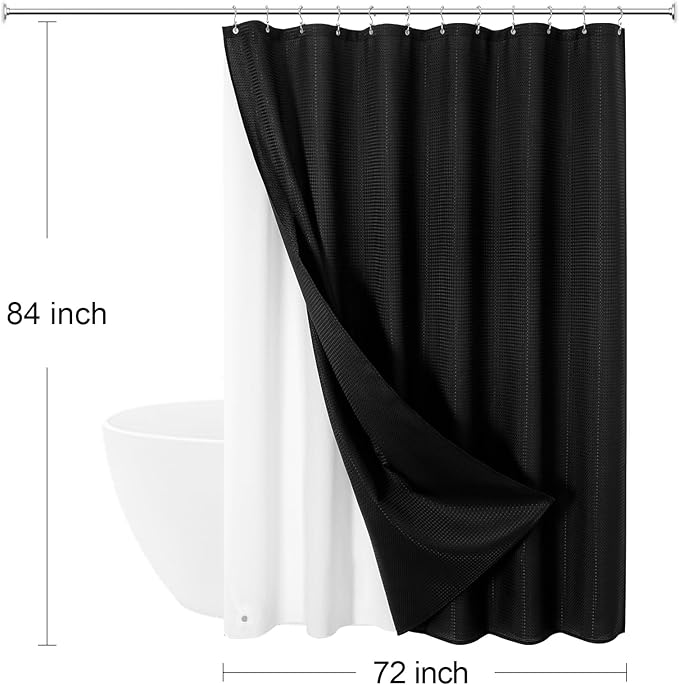 Craidlela 3 in 1 Extra Long Shower Curtain Set-72 W x 84 H, Black Waffle and PEVA Liner Set with 12 Stainless Steel Hooks, Waterproof Fabric for Bathroom