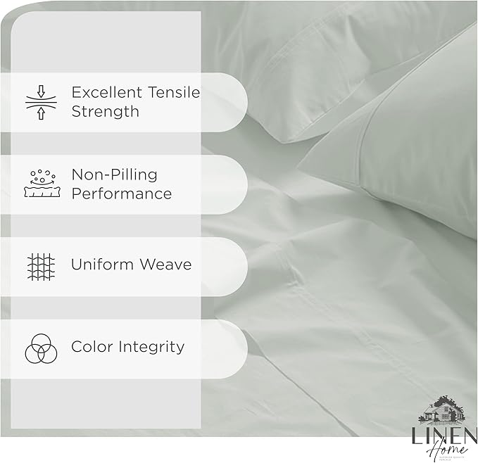 Linen Home 100% Cotton Percale Sheets Queen Size, Dove Grey, Deep Pocket, 4 Pieces Set - 1 Flat, 1 Deep Pocket Fitted Sheet and 2 Pillowcases, Crisp Cool and Strong Bed Linen