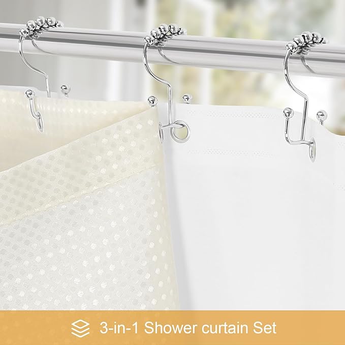 Craidlela 3 in 1 Long Cream Shower Curtain Set-72 W x 78 H, Ivory Waffle and PEVA Liner Set with 12 Stainless Steel Hooks, Waterproof Fabric for Bathroom