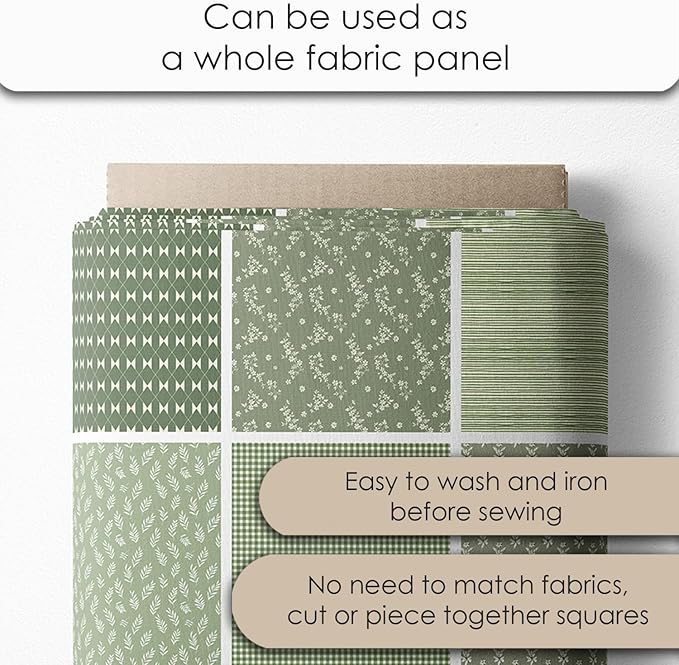 Cotton Satin Patchwork Fabric Panel – 35 Designs, 20×20 cm Squares, Single Piece 150×110 cm, Green Patchwork Quilt Fabric (Olive Garden Patchwork Set, 35pcs 8x8 inch)