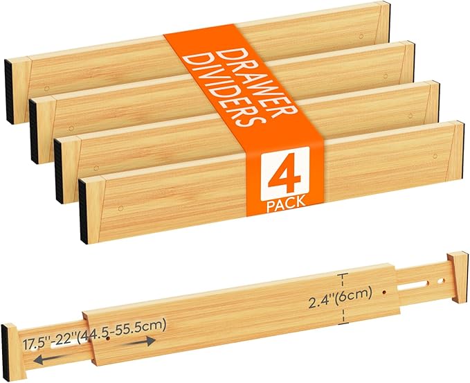 Lifewit 4 Pack Bamboo Drawer Dividers 2.4" High, 17.5-22" Kitchen Drawer Organizers, Adjustable Wooden Drawer Dividers for Clothes, Expandable Drawer Separators for Dresser, Bedroom, Bathroom, Cabinet