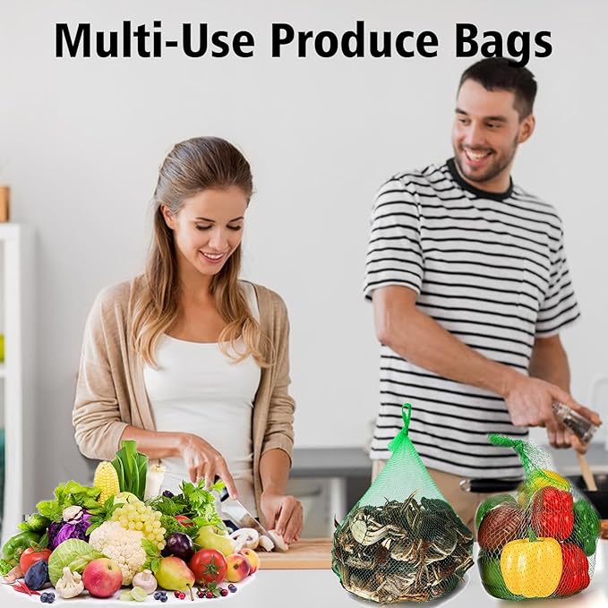 Shellvcase 100Pcs Reusable Produce Mesh Bags, Onion Fruits Mesh Produce Bag and Seafood Boil Bag 24’’ Storage Bags for Grocery Shopping Storage of Vegetable Seafood Toy & Garden Produce(Green)