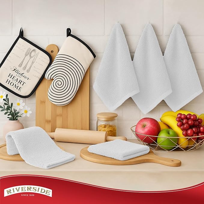 RIVERSIDE Bar Mop Towels Pack of 12, 16x19 Inches, 100% Ring Spun Cotton Terry Cloth Kitchen Towel, Highly Absorbent & Reusable Multipurpose Cleaning Rags for Bathroom, Hotel, Restaurant, White