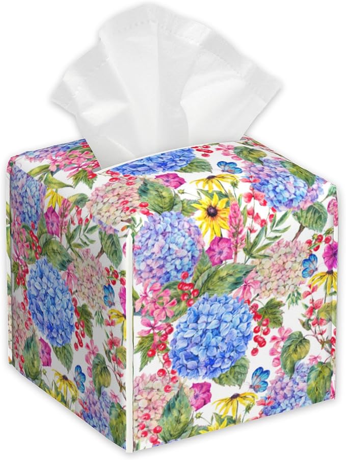 Summer Blooming Floral Tissue Box Cover,Hydrangea PU Leather Tissue Box Holder Square,Modern Home Decoration for Bathroom Living Room Kitchen Office Car,5.2"×5.2"×5.2"