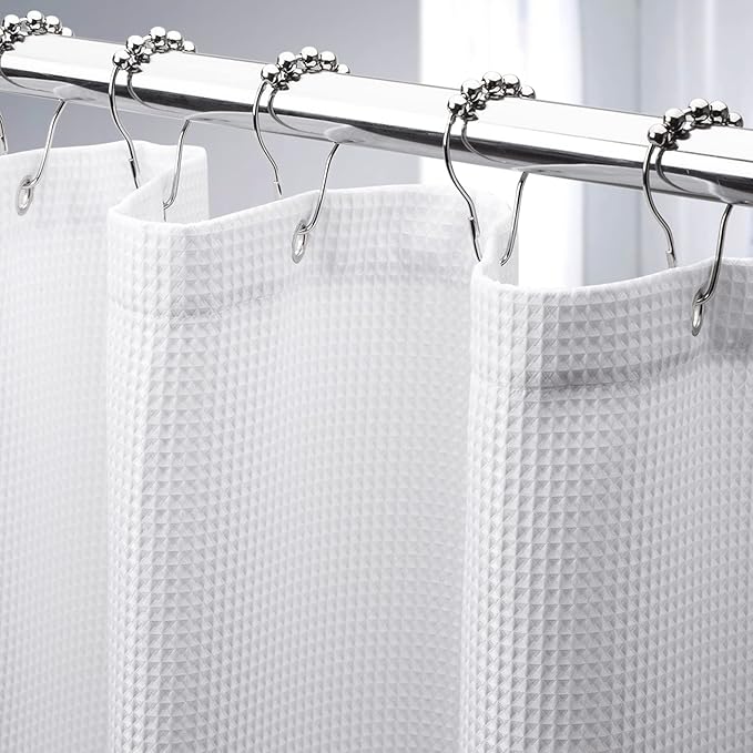 AmazerBath White Shower Curtain 72x74 Inches, Waffle Shower Curtains for Bathroom, Cloth Shower Curtain Fabric Heavy Duty 240GSM, Thick Bathroom Shower Curtains Hotel Quality, Premium Polyester