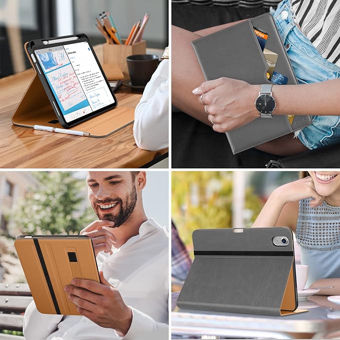 DTTO for iPad (A16) 11th Generation Case 11 Inch 2025, iPad 10th Generation Case 10.9 Inch 2022, Premium Leather Business Folio Stand Cover with Pencil Holder - Auto Wake/Sleep, Gray