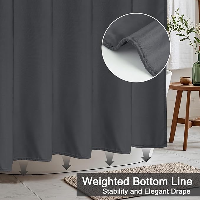 AooHome Standard Shower Liner, Solid Polyester Fabric Solid Shower Curtain Liner for Hotel with Hooks, Water Repellent, Weighted Hem, Charcoal, 72x72 inch