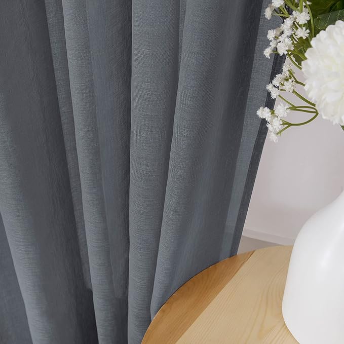 Tollpiz Short Sheer Curtain Linen Textured Living Room Curtains Sheer Light Filtering Rod Pocket Voile Curtain for Bedroom, 42 x 54 inches Long, Dark Grey, Set of 2 Panels